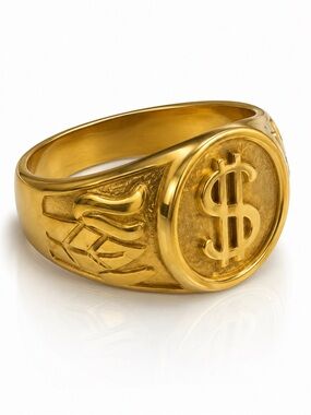 Men’s Gold Tone Dollar Sign Signet Ring Size 8 Hip Hop Statement Ring